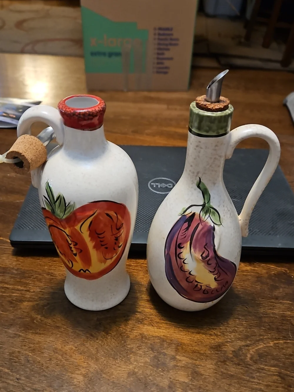Hand-Painted Ceramic Olive Oil & Vinegar Cruet Set - vegetable Motif, Cream